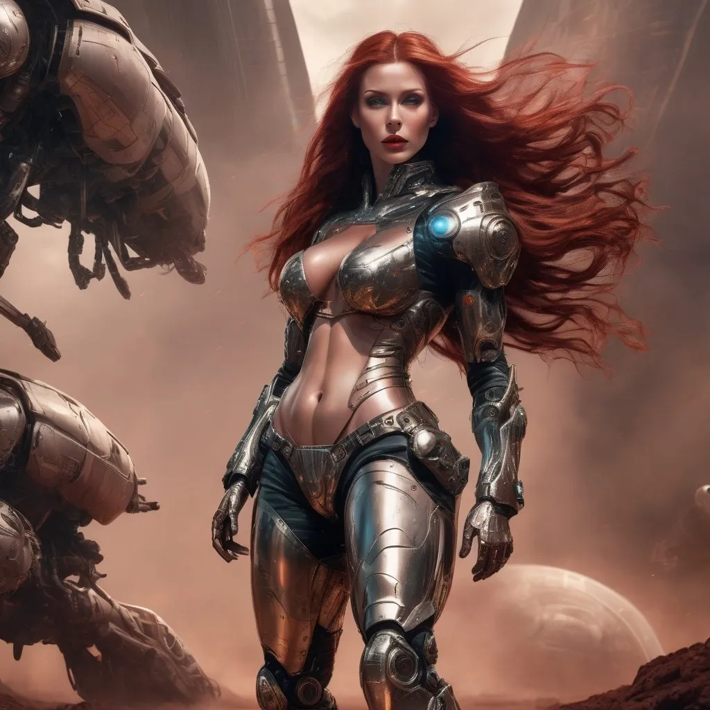 Prompt: Gorgeous ultra-muscular 25-year-old Norwegian goddess cyborg with huge busom and ridiculously long wavy dark red hair, in battle against aliens. Bronze armor and cybernetics. 8 inch stiletto high heel boots. Science fiction futuristic background. 