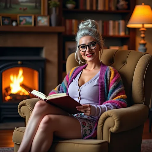 Prompt: Create a warm and affectionate scene of a kind gorgeous 35-year-old drag queen bodybuilder with silver hair neatly tied in a bun. Dark eyeshadow, heavy mascara, and dark red lipstick, She is wearing round glasses that sit gently on her nose, giving her a wise yet gentle appearance. She is seated in a cozy armchair with a colorful shaw draped over her shoulders, in a warmly lit room filled with bookshelves and family photos. Her eyes are twinkling with kindness, and she has a soft, comforting smile as she holds an open storybook in her lap. The room has a fireplace crackling softly in the background, casting a golden glow around her. She wears a light lavender cardigan over a floral mini skirt, a 8 inch stiletto high heel shoes, and the overall tone is nostalgic and peaceful, evoking the feeling of a bedtime story told by a loved one.