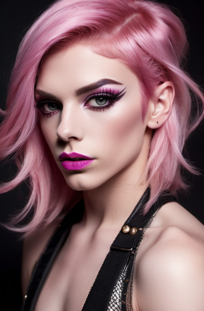 Prompt: Location: Random
Hair color: Pink
Hair length: Random
A high definition hyper-detail live action digital photograph of a gorgeous masculine 21-year-old, athletic, British drag queen. Masculine jawline, chin and brow. Feminine muscular body and legs. Dark eye makeup and dark lipstick. Wearing a gorgeous ensemble of men's and women's clothing with 8 inch stiletto high heel shoes.