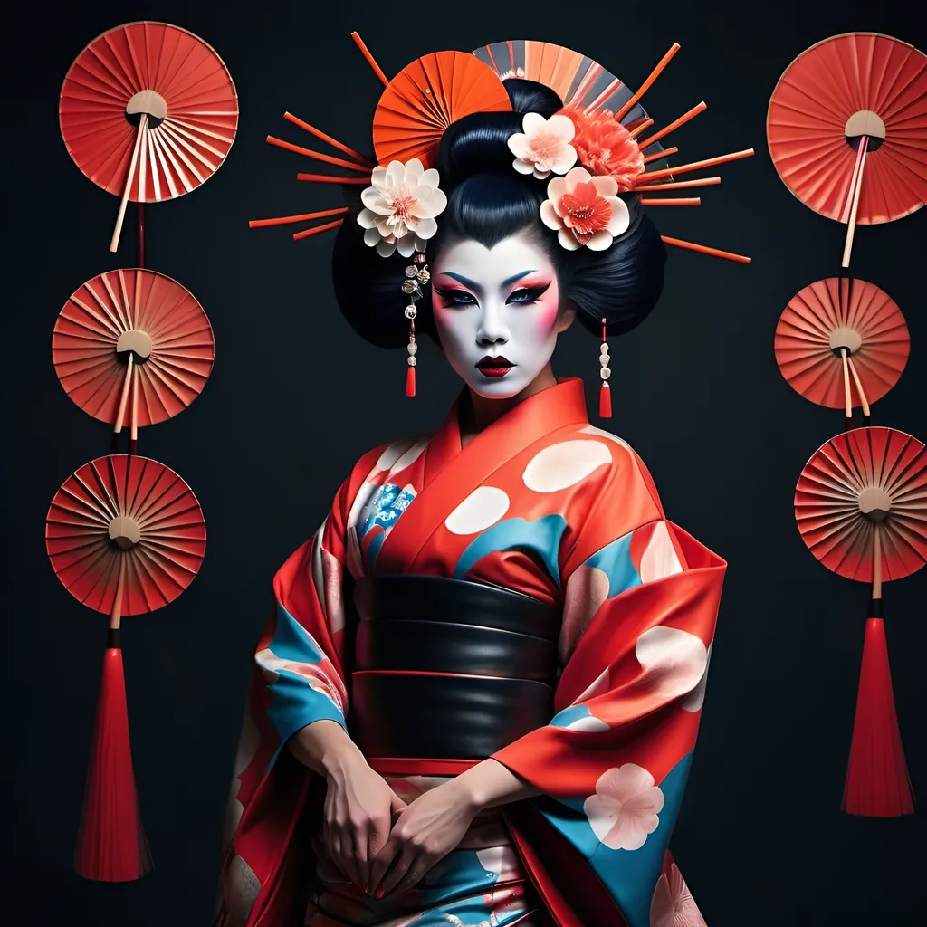 Prompt: Gorgeous muscular 25-year-old Japanese drag queen dressed up as a Avantgarde geisha, (innovative styling), bold colors, intricate patterns, striking makeup, (dramatic hairstyles), seamless blend of tradition and modernity, (elegant pose), atmospheric background with abstract elements, captivating and surreal vibe, (highly detailed), enchanting yet edgy aesthetic, (4K quality), intriguing juxtaposition of vintage and contemporary.