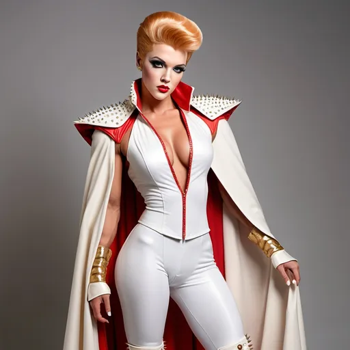 Prompt: Elvis presley dressed up as a Gorgeous ultra-muscular 25-year-old Czechian drag queen bodybuilder with very short spiky strawberry-blonde hair, regal tabbard, ivory white, with armor sewn into the fabric. Cascading cape, draping from the shoulder lapel. 8 inch stiletto high heel knee-high boots. Cottage core aesthetic. Intricate rose gold detailing.