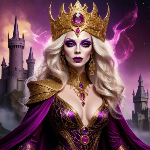 Prompt: Fantasy illustration of a powerful British drag queen sorceress, vibrant gold and magenta color palette, ancient castles in the background, dark eye makeup, darl lipstick,  flowing silk garments with intricate Wiccan patterns, majestic headdress adorned with gemstones, mystical glowing staff, high quality, detailed fantasy, British, mystical, powerful sorceress, gold and magenta, ancient castles, flowing garments, Wiccan patterns, majestic headdress, glowing staff, fantasy illustration, vibrant colors, mystical atmosphere