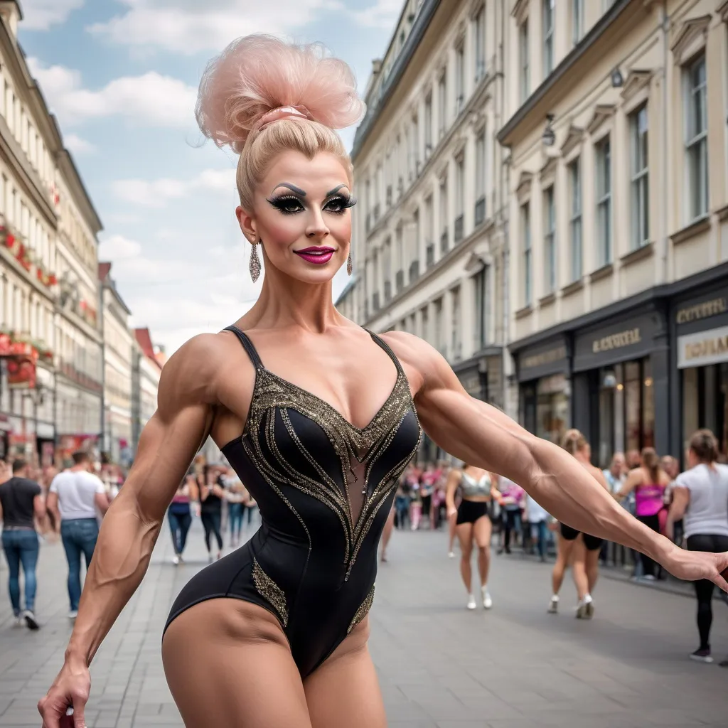 Prompt: Gorgeous muscular 25-year-old Hungarian drag queen ballerina bodybuilder with large busom, dancing down the high street, detailed clothing (leotards and tutu), realistic, natural lighting View fullbody