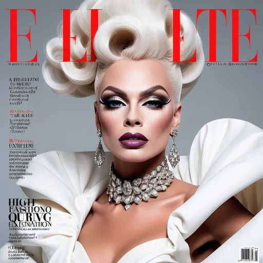 Prompt: A mesmerizing portrait graces the cover of an elite fashion magazine, capturing the essence of high-end sophistication. Set against a Cloud-white backdrop, the gorgeous, muscular, French drag queen (slight masculine jawline and brow features), model exudes confidence and allure, Large busom, adorned in exquisite fashion garments that epitomize elegance and class. This breathtaking image transcends traditional notions of style, embodying an innovative vision of haute couture that pushes the boundaries of modern aesthetics.