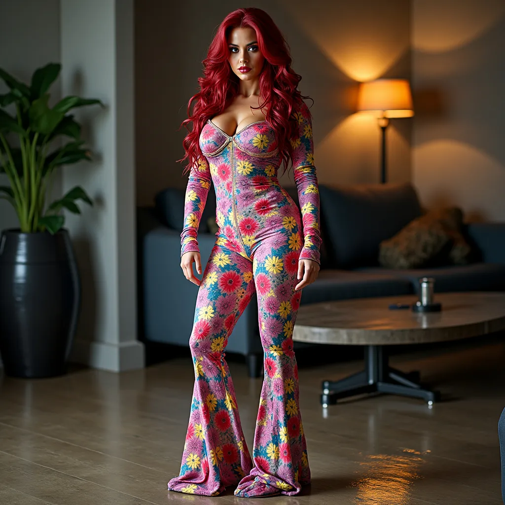 Prompt: photo of gorgeous 35-year-old French drag queen bodybuilder, in soaking wet clothes, wet Shiny black 8 inch stiletto high-heeled shoes, clingy colorful flowery flared leggings, soaking-wet long-sleeved ankle-length tie-dye ballgowns, enjoying, wet clothes stuck to body,  detailed textures of the wet clothes, wet face, wet plastered dark red hair,  wet, drenched, professional, high-quality details, full body view ,