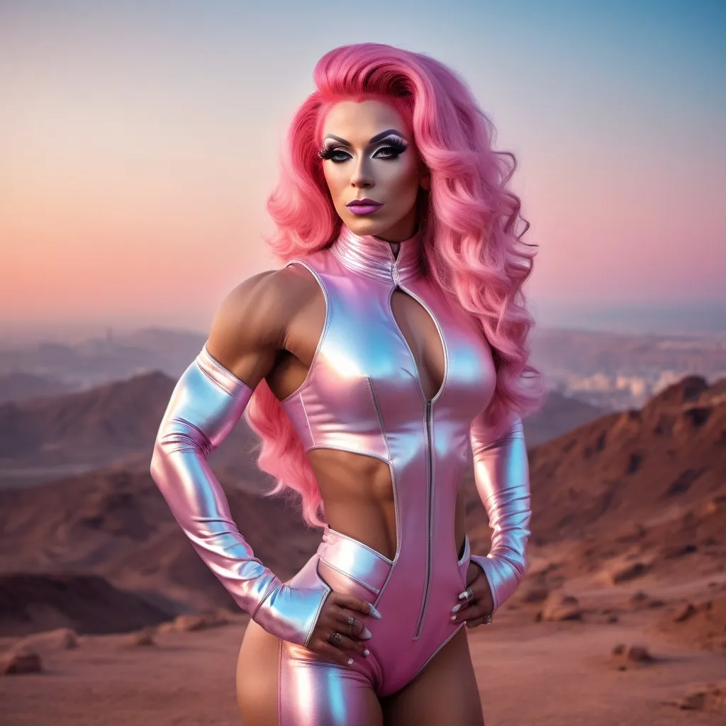 Prompt: Gorgeous muscular 25-year-old Israeli drag queen bodybuilder with pink hair, immaculate fashion makeup,  posing in 24th century America at sunrise. Futuristic Background.