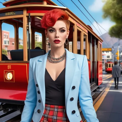 Prompt: Hyper-realistic 8k hd hi-res digital photography (Gorgeous California caucasian drag queen(with strong masculine jawline and brow features)), stepping onboard the bright red (San Francisco Cable Car), chic (pixie cut red hair), radiant face, wearing a stylish (sky-blue blazer), (knit top), and a (light blue plaid pleated skirt), paired with (black fashion boots), set against a vibrant, (sunny day), bustling atmosphere, (dynamic scene). Captured in ultra-detailed (8K) resolution, photorealistic style.