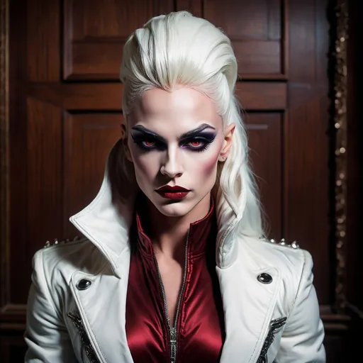 Prompt: (gothic art), imagine Geirge Michael dressed as a gorgeous ultra-muscular 25-year-old Swedish drag queen bodybuilder with (striking dark red makeup and lipstick), wearing a (white jacket) draped over her head, (mysterious gaze) directed at the camera, (dramatic pastel colors), (moody ambiance), rich textures, (ultra-detailed wooden floor) in the background, evoking an eerie yet captivating vibe, (high quality) image, beautifully composed and expressive.