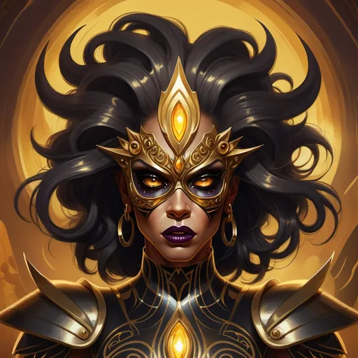 Prompt: This is a digital art fantasy illustration that depicts a powerful, demonic drag queen character with dark, flowing hair. a cyclops with one eye. Her sharp, angular features and intense, golden eyes convey strength and determination. The character's armor is ornate and jagged, with glowing gold highlights, enhancing his formidable presence. The warm, golden background features a surreal, otherworldly landscape with tall, spire-like structures and a reflective, shimmering body of water. The dynamic pose, detailed armor, and glowing atmosphere suggest a warrior of immense power, evoking a sense of majesty and danger. Digital art illustration