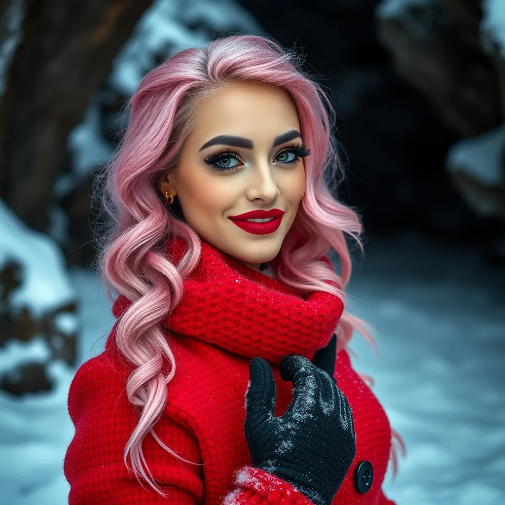 Prompt: professional portrait photograph of a gorgeous ultra-muscular 25-year-old Czechian drag queen bodybuilder in red winter clothing, long wavy stylish pink hair, flirty look, nice smile, dark eyeshadow, heavy mascara and dark red lipstick, wearing elegant warm winter fashion clothing, ((standing out side a frozen cave), hyper- realistic, detailed features, realistic lighting, high quality, realistic view,, elegant, realistic setting, professional, detailed, glamorous, actress, iconic, stunning modern urban environment, ultra realistic, concept art, elegant, highly detailed, intricate, sharp focus, depth of field, f/1. 8, 85mm, medium shot, mid shot, (((professionally color graded))), bright soft diffused light, (volumetric fog), trending on instagram, hdr 4k, 8k