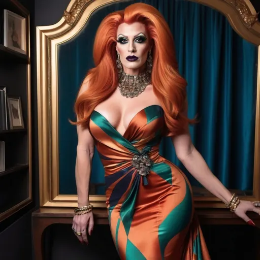 Prompt: Glamour photography of a handsome man DRESSED UP AS a gorgeous muscular 35-year-old drag queen with long burnt orange hair, dark eye makeup, dark lipstick, and large busom, wearing (multi-colored Gucci Sanremo dress), elegant high-fashion design, flowing fabric with intricate draping, lush textures, shimmering elegant fabrics, (vibrant colors), modern and luxurious ambiance, (ultra-detailed), soft diffused lighting to highlight details, stylish accessories, framed by a chic backdrop that enhances the garment's sophistication.