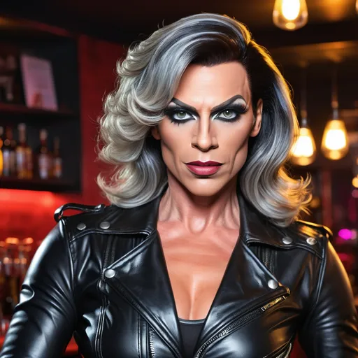 Prompt: a gorgeous muscular 35-year-old French drag queen (masculine facial features) in a leather jacket posing for a picture, biker bar photo, dark make up, arik roper, images on the sales website, in 2 0 1 8, render of april, sabina klein, perfect face and body, tall female angel, felix englund, with grey skin, dark lips