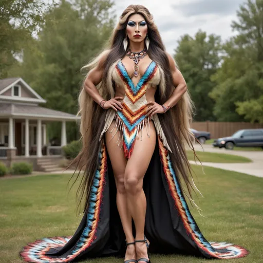 Prompt: photorealistic, full body portrait of a Gorgeous muscular 25-year-old Native American drag queen with huge busom and very long flowing hair, in traditional dress and 8 inch stiletto high heel shoes, posing outdoors.