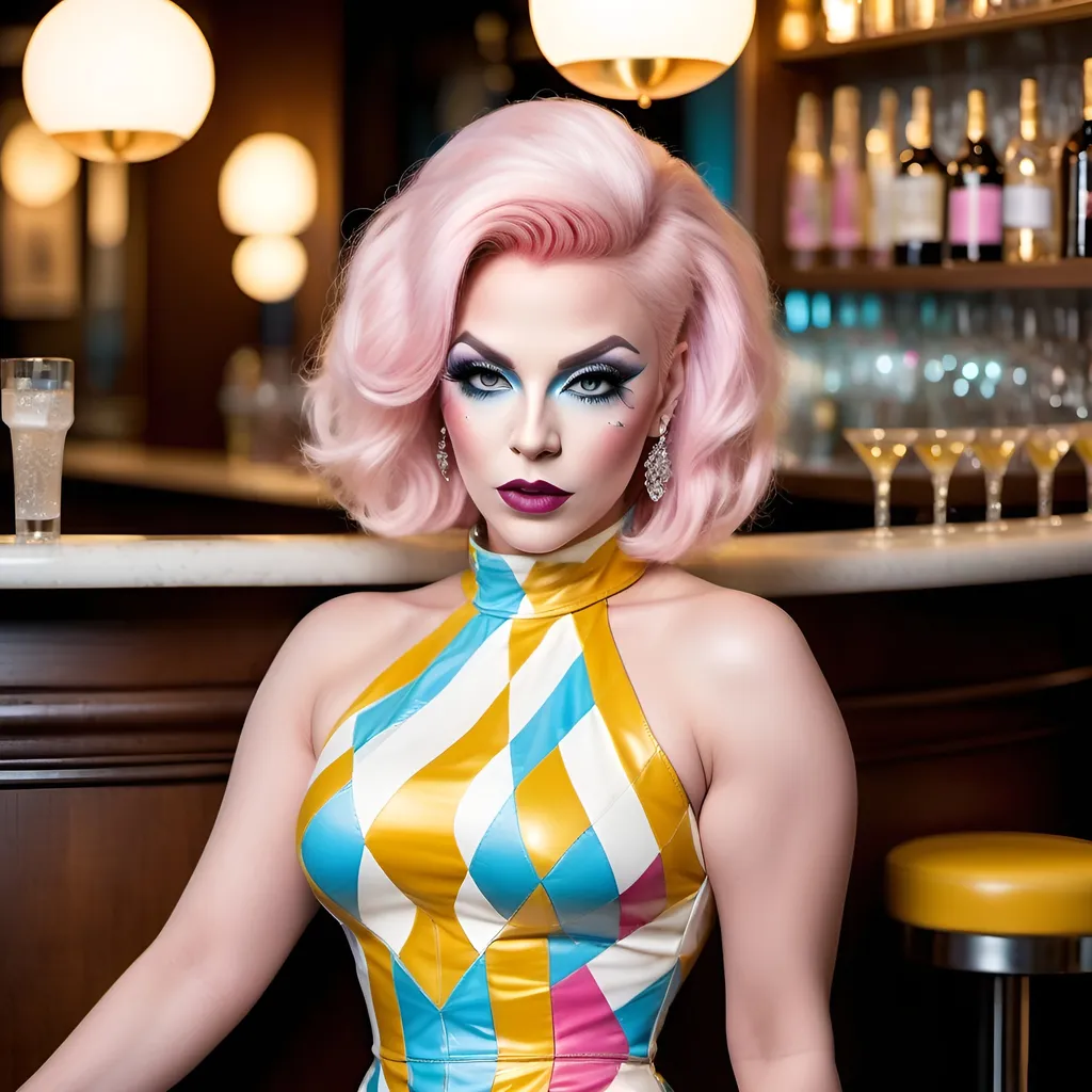 Prompt: Alluringly beautiful curvaceous Norwegian drag queen, flawless diamond face, pixie cut pink hair, ice blue eyes, dark eyeshadow, 
dark lipstick , comely pose, yellow & white harlequin pattern dress, 8 inch stiletto high heel white boots, standing at an upscale bar, high-res, warm light, pro-photo