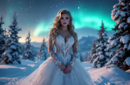 Prompt: (A 3/4 body image)A 25-year-old muscular, beautiful Nordic drag queen bodybuilder wearing A beautiful winter bridal gown designed for cold weather. Taking a bridal photoshoot in the snowy Arctic with the Northern Lights in the background.