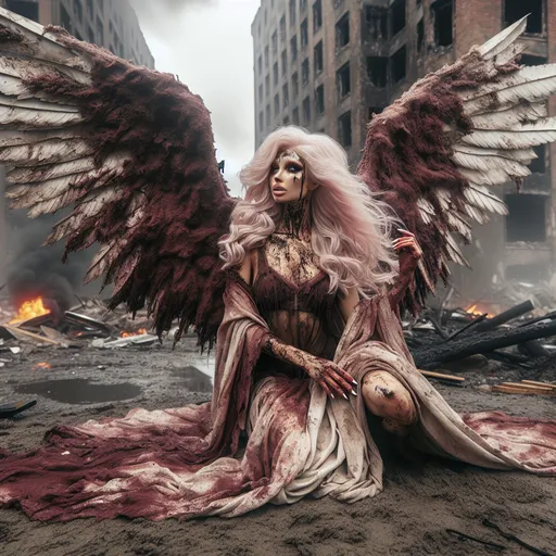 Prompt: Gorgeous ultra-muscular 25-year-old Finnish angel with ridiculously long flowing platinum pink hair, wrapped dirty robes covered in maroon mud, large broken, maroon muddy wings, on her knees in the middle of rubble and fire.