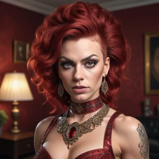 Prompt: Full-length portrait of a Gorgeous ultra-muscular 25-year-old Swedish drag queen with huge busom and short wavy dark red mohawk hair wearing classic dress at a home,  perfect detailed face, detailed symmetric hazel eyes with circular iris, realistic, stunning realistic photograph, 3d render, octane render, intricately detailed, cinematic, trending on art station, Isometric, Centered hiper eallistic cover photo, awesome full color, hand drawn, dark, gritty, klimt, erte 12k, high definition, cinematic, neoprene, portrait featured on unsplash, stylized digital art, smooth, ultra high definition, 8k, unreal engine 5, ultra sharp focus, intricate artwork masterpiece, ominous, epic, trending on artstation, highly detailed, vibrant