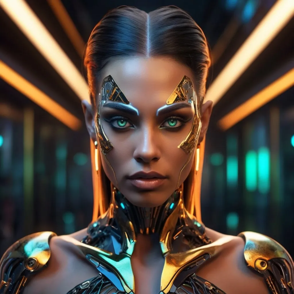 Prompt: A hyper-realistic portrait of a futuristic muscular cybernetic drag queen (with masculine strong jawline) whose face is symmetrically divided into a glowing, biomechanical side and a human, expressive side. The cybernetic side is composed of intricate gold and orange circuitry with shards and glowing fragments, while the human side features soft skin with subtle highlights reflecting blue ambient light. The black background is a soft blur of a few neon orange and blue-green lights, creating a cinematic high-tech atmosphere. The composition emphasises her piercing green eyes and the detailed textures of skin and metal. The lighting is a dynamic mix of warm and cool tones, adding depth and drama to the scene. The mood is mysterious and ethereal, evoking both humanity and technological transcendence. Highly detailed, photorealistic rendering with an emphasis on depth of field and reflective surfaces.