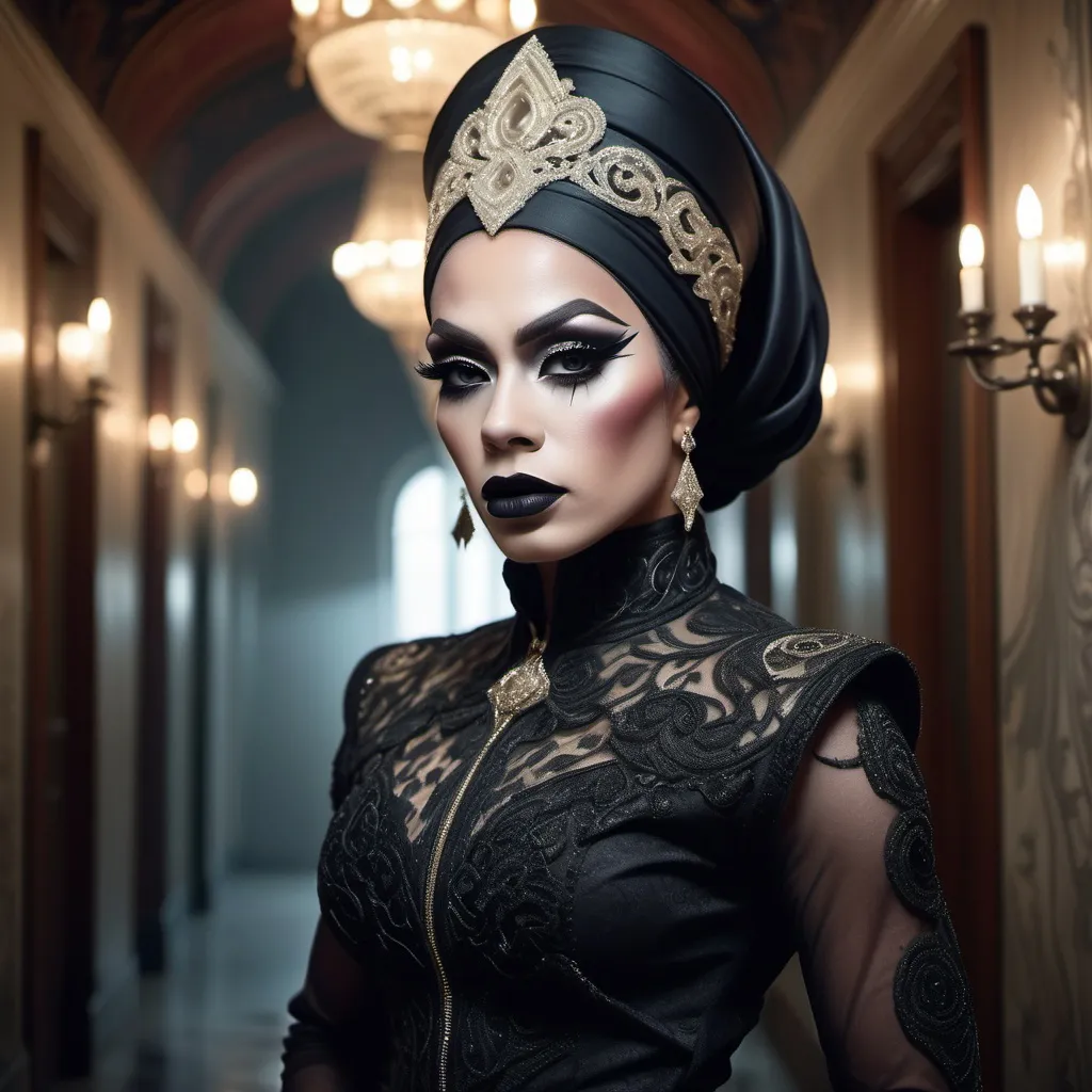 Prompt: hyper-detailed dull photo of a gorgeous muscular masculine 25-year-old Betawi drag queen, with dark eye makeup, dark lipstick, venetian lace jilbab, cropped jacket, foggy old hallway, art pose, medium format, epic character composition, sharp focus, intricate filigree details, cinematic lighting, volumetric fog, award-winning, masterpiece, 64K, professionally color graded