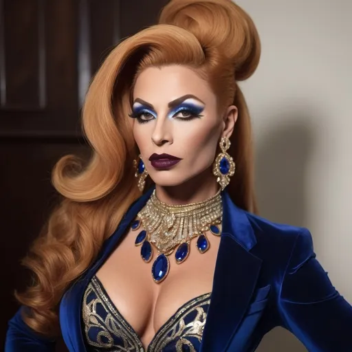 Prompt: Glamorously dressed gorgeous muscular 35-year-old olive-skinned Turkish drag queen bodybuilder (strawberry-blonde hair, dark lipstick, drag queen facial features) of the 1990s, adorned with exquisite sapphire jewelry, striking deep blue eyes, vintage fashion with elegant silhouette, intricate details in designer clothing,  luxurious ambiance, soft lighting.