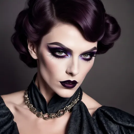 Prompt: If Sherlock Holmes was a gorgeous muscular drag queen. Dark eye makeup and dark lipstick.