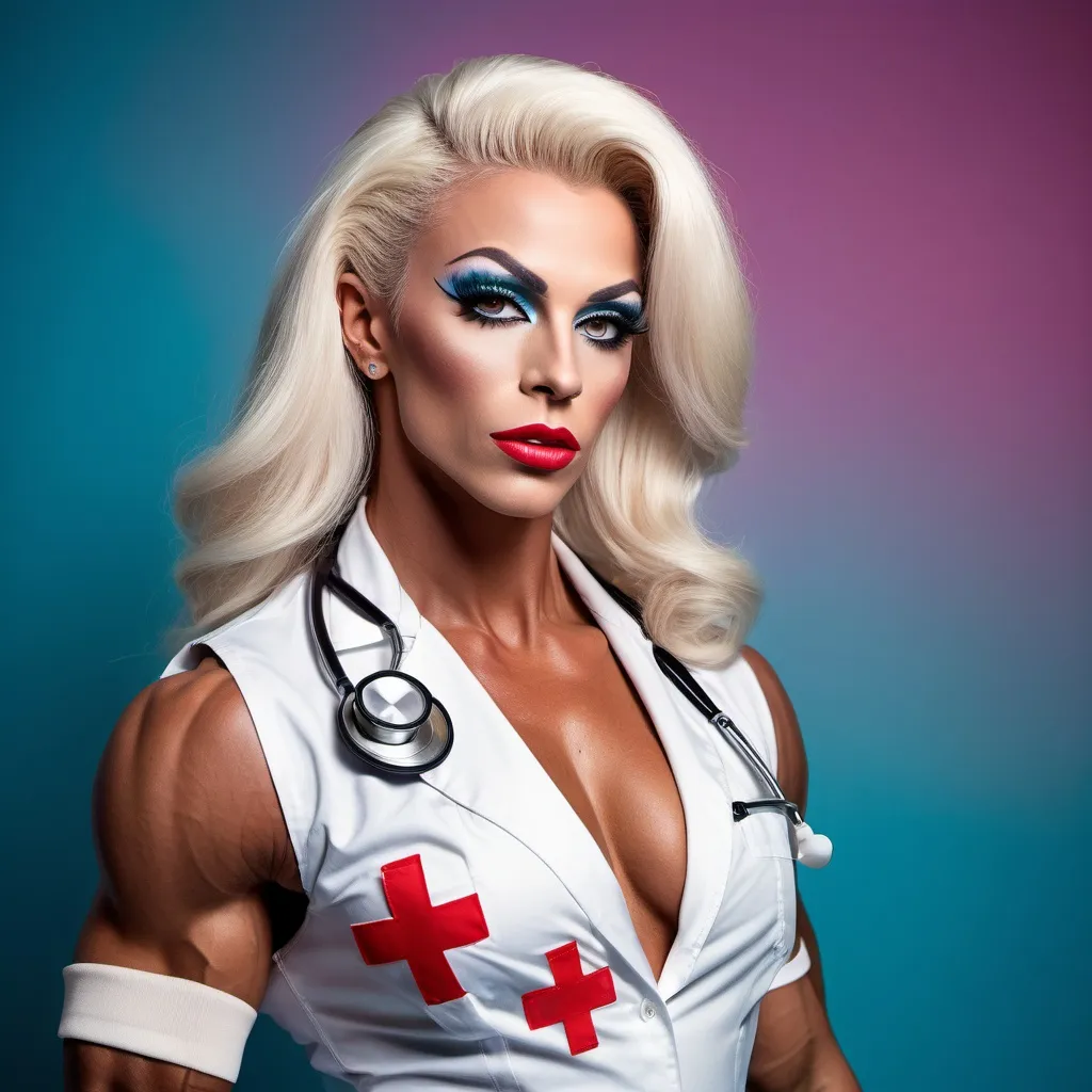 Prompt: Gorgeous ultra-muscular 25-year-old Swedish drag queen bodybuilder dressed as a professional nurse