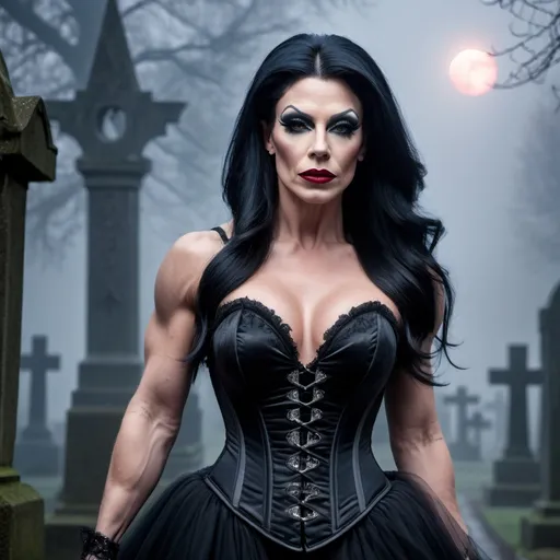 Prompt: A gorgeous muscular 35-year-old British drag queen bodybuilder with jet-black hair and crimson lips, dressed in a corset-style black gown, walking through a misty, moonlit graveyard.