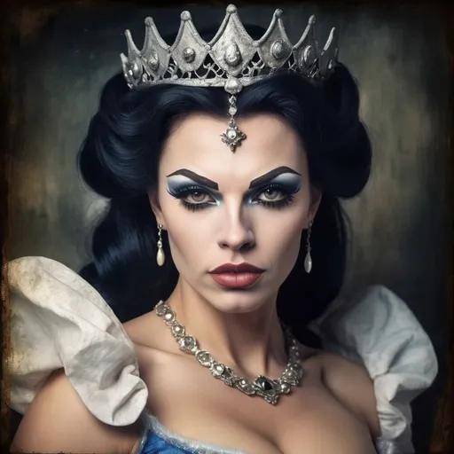 Prompt: Grunge medieval Cinderella drag queen bodybuilder (strong drag queen facial features), impasto, old picture effect, whimsical, highres, detailed, medieval, impasto, old picture effect, grunge, Snow White, fairy tale, dark tones, atmospheric lighting