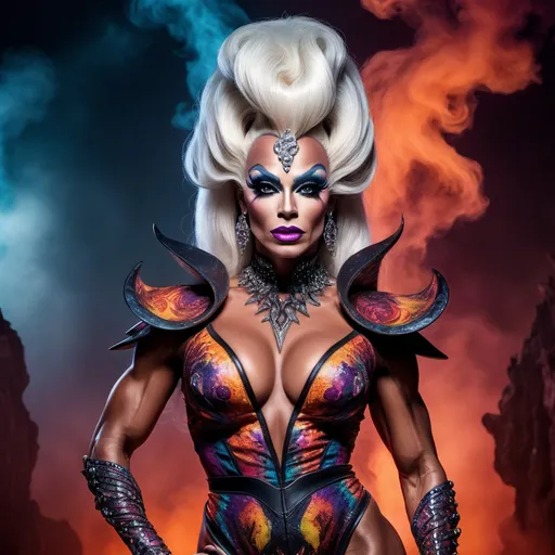 Prompt: The most beautiful drag queen bodybuilder on Planet of the Damned wearing the traditional Planet of the Damed dress.