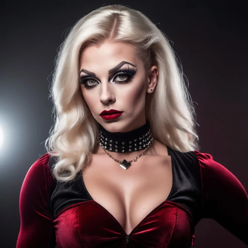 Prompt: a gorgeous muscular 25-year-old Finnish drag queen bodybuilder, mirror behind her. wearing a red goth velvety blouse, and short pleated skirt and black tights. wearing a choker. Dark eye shadow, heavy mascara, dark red lipstick. very attractive. high detail realistic. full body shot, professional photo. Studio lighting, backlit, realistic lighting. hdr uhd 8k ultra-realistic render,  very high detail skin, beautiful face,