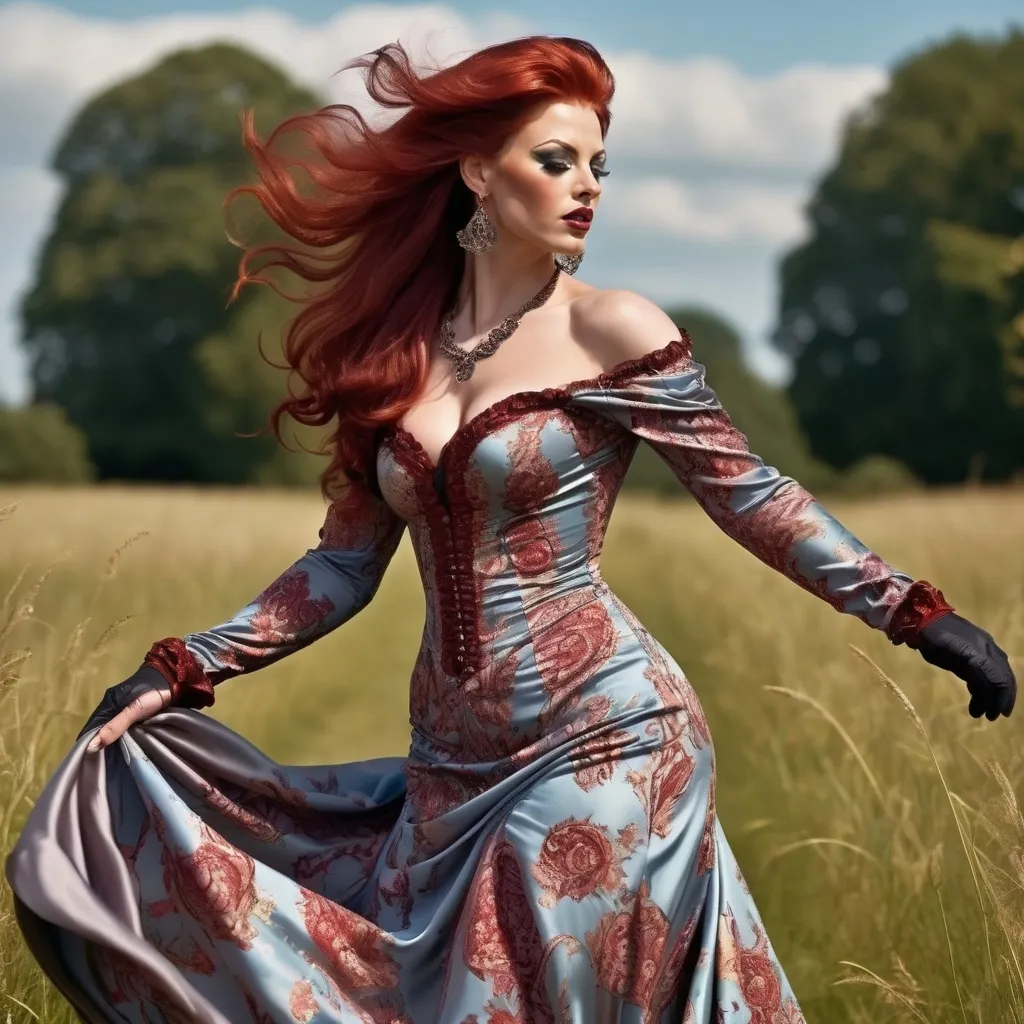 Prompt: full  body realistic, gorgeous muscular 25-year-old British drag queen bodybuilder with dark red hair wearing beautiful satin silk dress, flowing in the wind, Victorian, medieval fantasy intricate patterns, gloves, high heels, intricate boots glossy, detailed design, summer day, in a meadow, breeze in her hair, high quality, detailed, Victorian style, intricate patterns, beautiful  face, glossy finish, flowing fabric, summer breeze, detailed design, elegant, atmospheric lighting