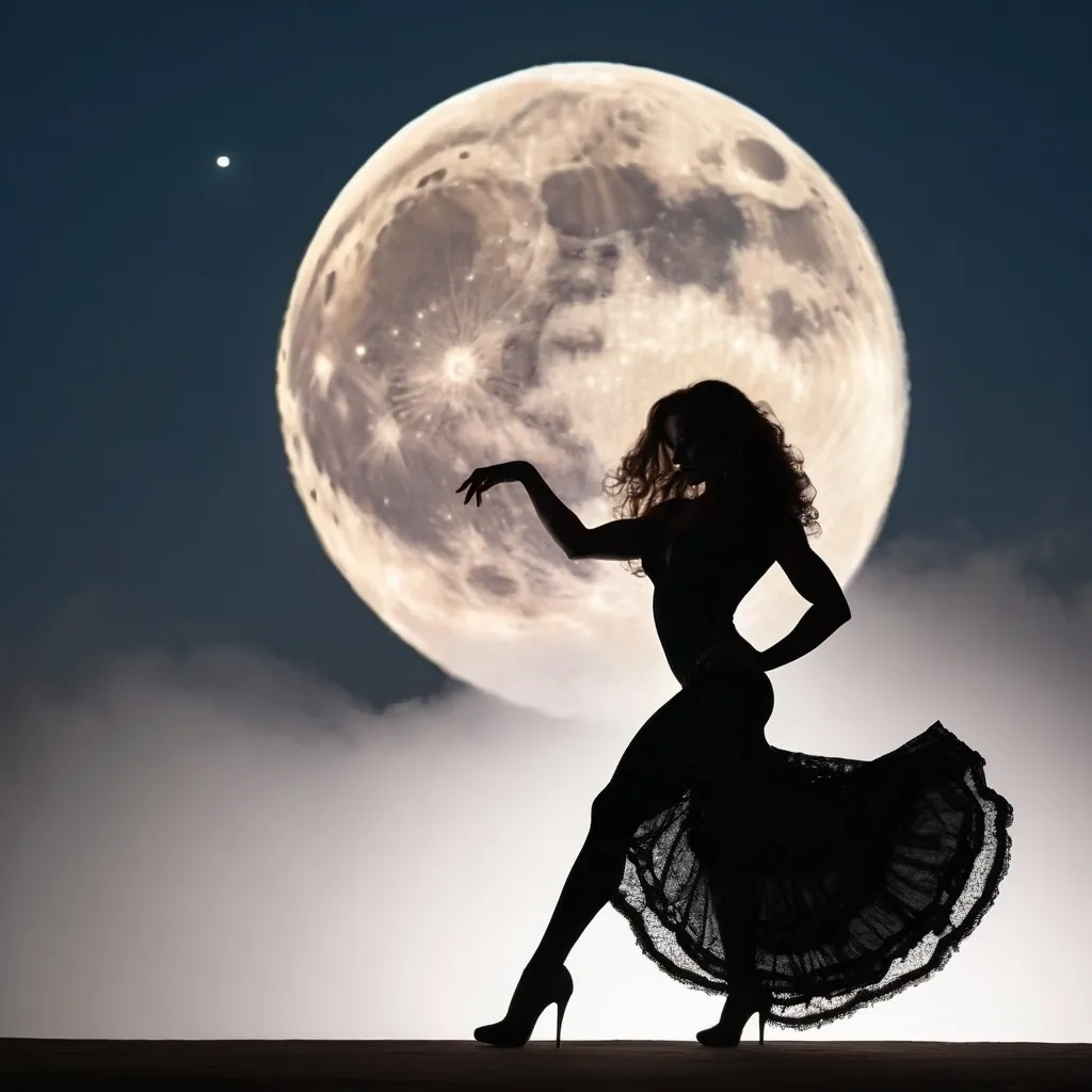 Prompt: Gorgeous muscular 25-year-old Hungarian drag queen bodybuilder (with long wavy hair, flamenco dress and 8 inch stiletto high heel shoes) dancing flamenco in silhouette through a giant full moon.