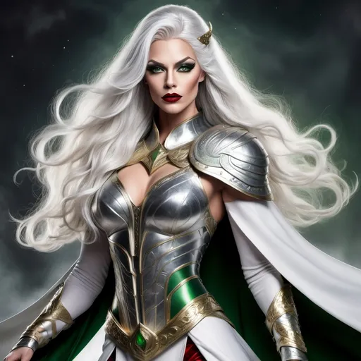 Prompt: a Valkyrie, a powerful, majestic gorgeous drag queen with long, flowing silver hair and piercing green eyes, dark eye makeup, dark red lipstick, muscular physique, perfect body, wearing a suit of armor that shines like gold in the light, perfect body, with intricate engravings of Norse mythology flowing white cape that billows behind her like a cloud. She should be holding a spear in one hand, with a shining silver tip that seems to glow with an otherworldly energy. The background should be a misty, mystical landscape with hills and towering trees, with a faint glow of the Northern Lights,shimmering aura that suggests her connection to the gods and her role as a guide for souls to Valhalla, ultra detailed,14k, sharp focus, cinematic,dslr, glamour shot,