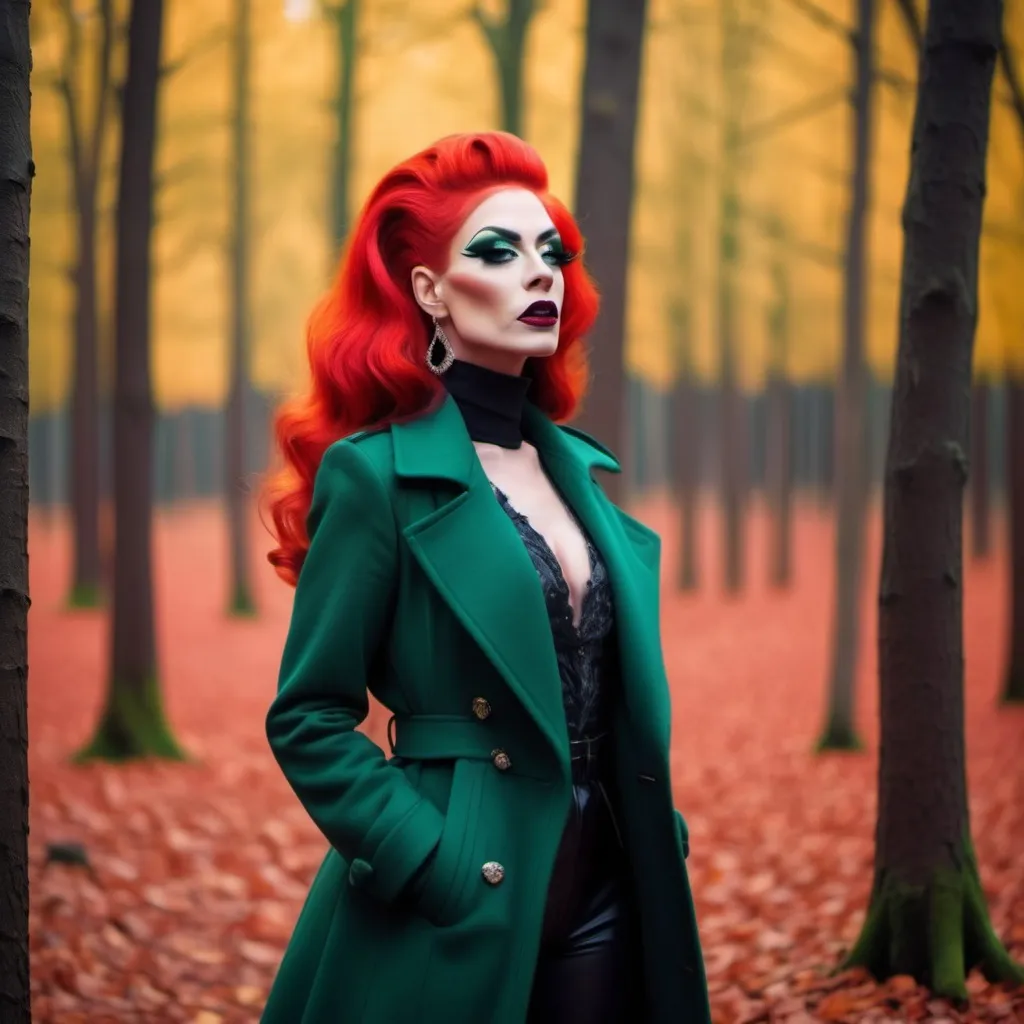 Prompt: Beautiful drag queen, bright red hair, in autumn forest in green long fashion coat, dark eyeshadow and dark lipstick,  very strong masculine jawline and brow,.