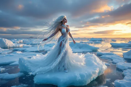 Prompt: 25-year-old gorgeous muscular Serbian drag queen bodybuilder with huge busom and long flowing hair of ice, wearing a long flowing gown made of ice, ice choker, ice jewelry, and 8 inch stiletto high heel shoes of ice dancing on iceberg. Frozen ocean waves background.
