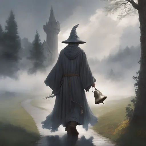 Prompt: Misty morning, clouds in the sky
Without warning, a wizard walks by
Casting his shadow, weaving his spell
Long, grey cloak, tinkling bell