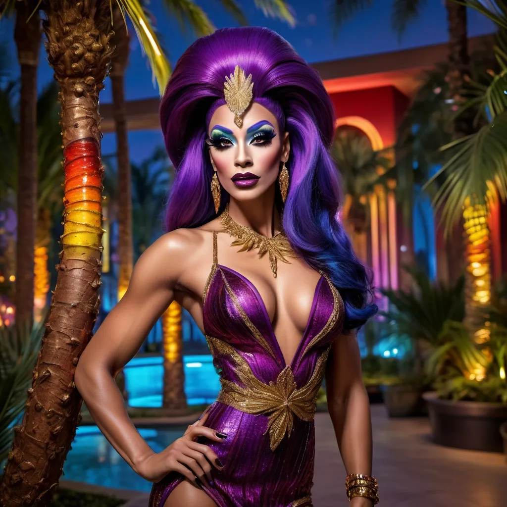 Prompt: If Aladdin was a gorgeous muscular 25-year-old drag queen with Dark eye makeup and dark lipstick. Wearing 8 inch stiletto high heel shoes.