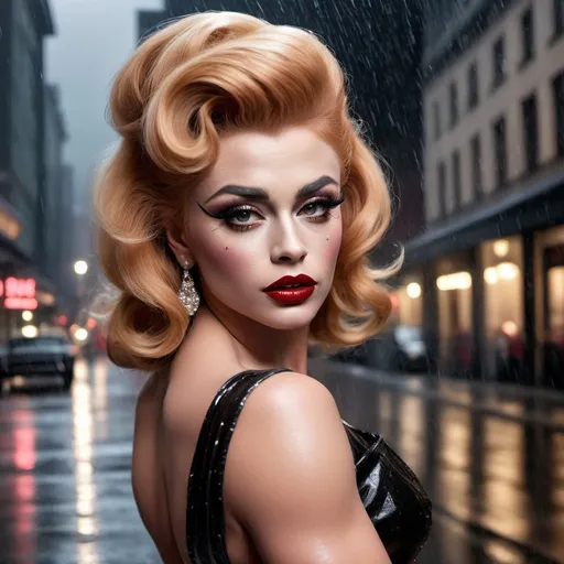 Prompt: James Dean dress as A hyper realistic flawless 25-year-old gorgeous Austrian drag queen bodybuilder with strawberry-blonde hair walking the streets as a classy debutante on a dark and rainy night. Heavy eye makeup. Dark red lipstick.