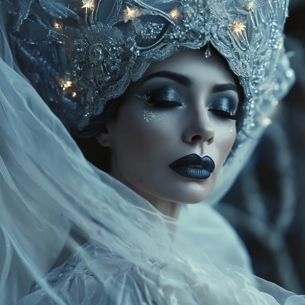 Prompt: (beautiful white Swedish drag queen) walking gracefully under a starlit sky, (melancholic mood), deep indigo and shimmering silver tones, soft ethereal glow, a delicate veil of night softly surrounding her, gentle whispers of a cool breeze, capturing a moment of quiet elegance, (highly detailed), enchanting landscape in the background, timeless and romantic atmosphere.