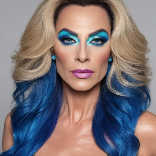 Prompt: (neon-colored liquid), stunning 45-year-old French drag queen beauty (extremely strong masculine jawline and brow features), expressive (blue) realistic eyes gazing directly at the viewer, long flowing hair, pronounced cheekbones emphasizing her perfect facial structure, ethereal glow bursting with vibrant hues, surreal and enchanting atmosphere, high definition, ultra-detailed, captivating visual masterpiece showcasing the blend of nature and fantasy.