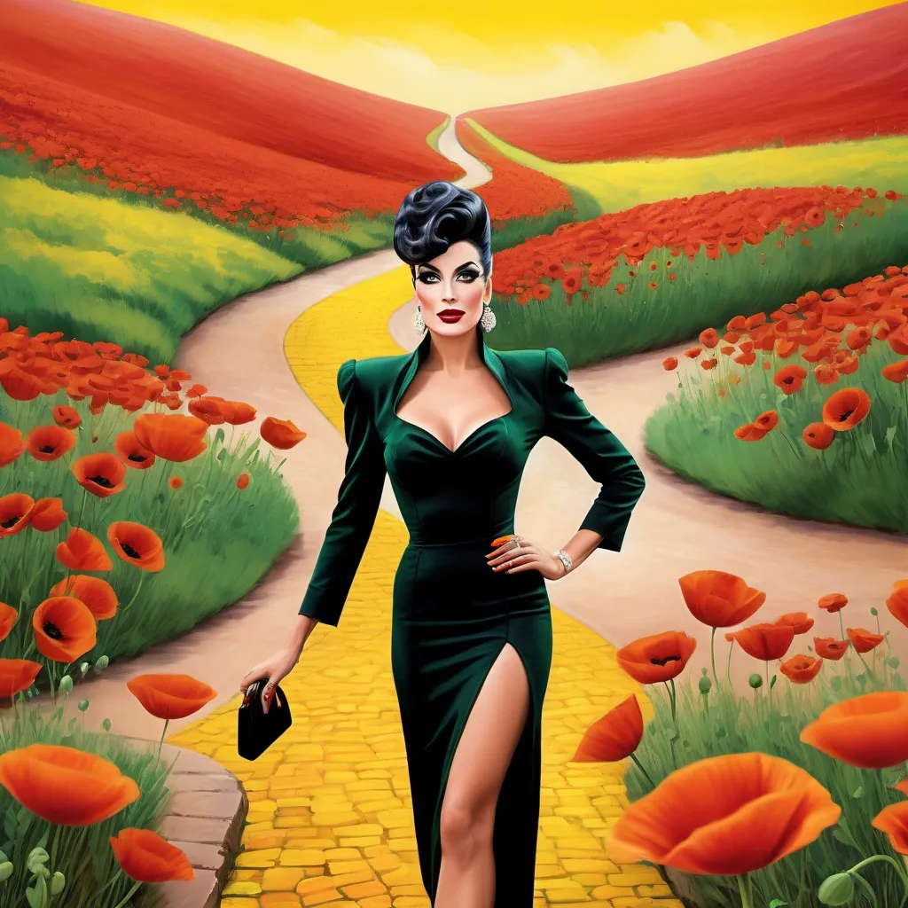 Prompt: Dean Martin dressed as a Gorgeous ultra-muscular 25-year-old drag queen Dorothy Hale with  8 inch stiletto high heel shoes, with smoky eye shadow and mascara and dark red lipstick. Yellow Brick Road.