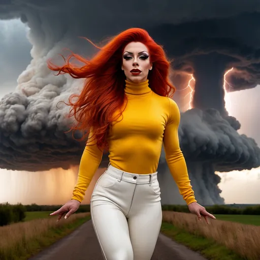 Prompt: Gorgeous ultra-muscular 25-year-old French drag queen bodybuilder with very long wavy bright red hair (((blowing in the wind))) wearing yellow turtleneck sweater and white leather pants, is standing on the edge of oblivion, a mushroom cloud in the distance. A stormy sky and lightning is overhead.