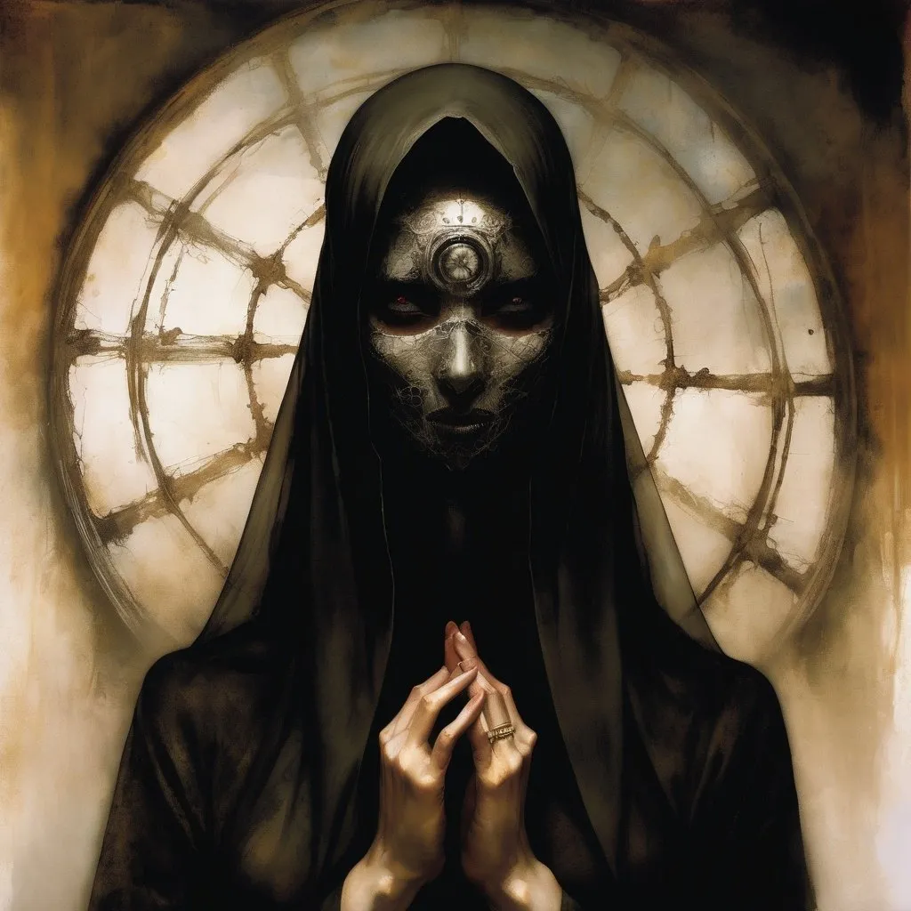 Prompt: a painting of a woman with a sheer veil over her face and hands on her face, with a wheel in the background, Ben Templesmith, antipodeans, elden ring, concept art