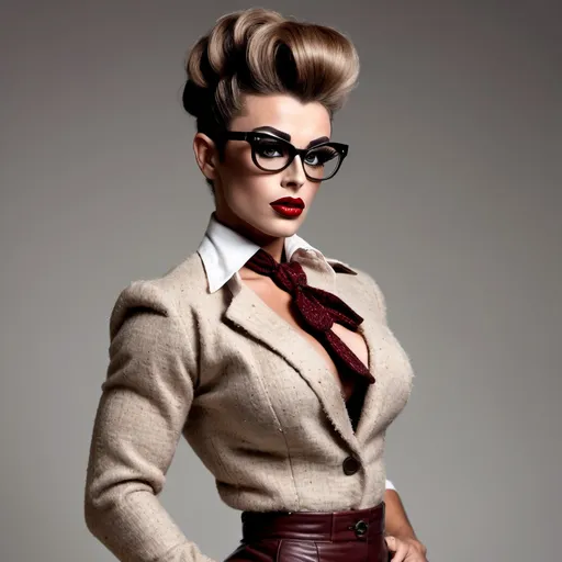 Prompt: Imagine James Dean dressed as a Gorgeous ultra-muscular 25-year-old Italian drag queen bodybuilder with huge busom and salt & pepper updo hair, heavy dark eye makeup,  dark red lipstick, wearing tortoise shell glasses, a tweed jacket, white shirt, brown bowtie, brown corduroy skirt, and 8 inch stiletto high heel shoes, standing at the front of a classroom by a chalkboard.