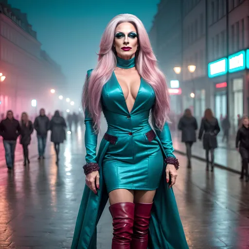 Prompt: Mysterious, gorgeous, muscular, 45-year-old well endowed Polish drag queen (strong masculine jawline and brow features) with long gray pink stylish hair, dark eyeshadow,  and dark red lipstick, wearing a beautiful teal outfit and 8 inch stiletto red thigh-high stiletto high heel boots, walking the streets of Warsaw on a foggy evening.