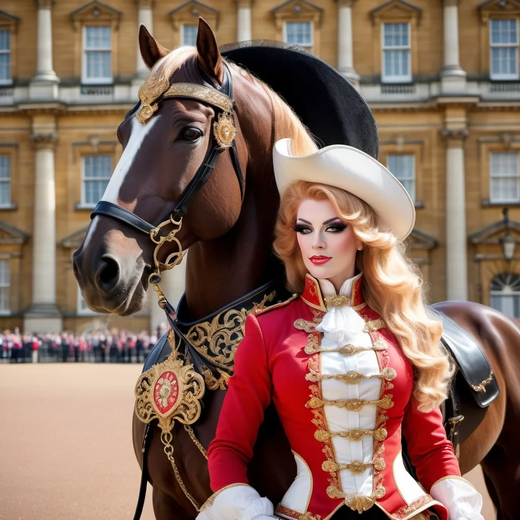 Prompt: Gorgeous Palace Guard drag queen bodybuilder in (traditional beefeater costume), elegantly posed beside a (huge horse) adorned with an (ornate saddle and leather tack), showcasing her (silky strawberry-blonde hair) flowing in a gentle breeze. Set against the majestic backdrop of (Buckingham Palace gate) under a beautifully (sunny day). Rich in detail and texture, high-quality (8K resolution), strikingly vivid colors, and (photorealistic) finish make this image a masterpiece.