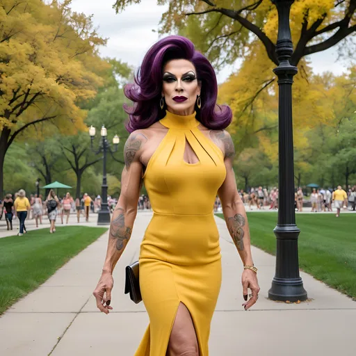 Prompt: A gorgeous muscular 45-year-old Romanian drag queen with a medium length salt and pepper swept over hair, with  strong masculine facial features,  dark eyeshadow and dark lipstick,  wearing a yellow Knit Pleat-Back Dress, and 8 inch stiletto high heel shoes,  walking through Grant Park in the summer.