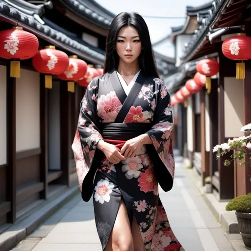 Prompt: Gorgeous ultra-muscular 25-year-old Japanese Goddess bodybuilder with huge busom walking down the high street, detailed clothing, realistic, natural lighting, photorealistic, Japanese flower design on her kimono. Black hair in traditional Japanese style. 