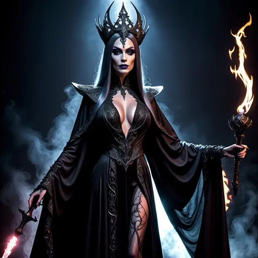 Prompt: Drag queen of darkness in battle apparel In long  medium dark black and dark grey robe with a long staff of magic , staff tip is dark grey and a dark black void.