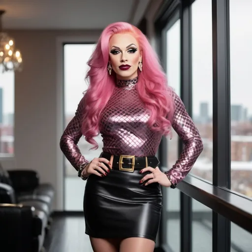 Prompt: Stunningly beautiful Finnish drag queen bodybuilder, age 27, vibrant gray eyes, long pink hair, arched eyebrows, prominent cheekbones, dark eye shadow, dark red lipstick, gold & diamond jewelry, warm smile, flawless face, silver & black harlequin pattern blouse, black belt, black skirt, black high heel boots, standing in a lounge, floor to ceiling windows, active background, dynamic pose, luxury setting, pro lighting, sharp focus, high-res, pro photo